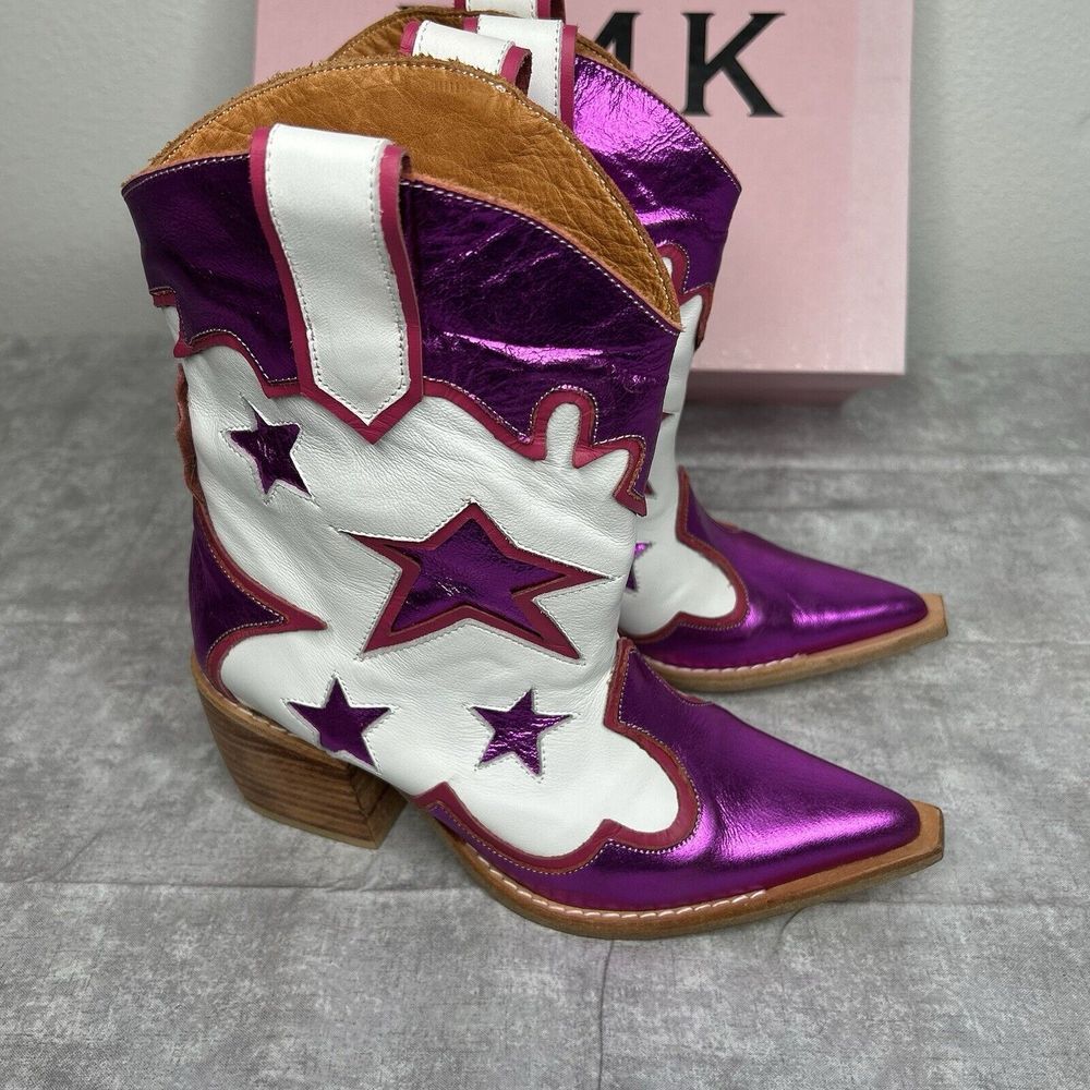 PMK Shoes Charo Mid Calf Pink Leather Western Boots Women's Size 6 US Argentina